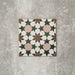 Cuba Tanane Moroccan-style porcelain tile in a 20×20cm square format, featuring a repeating geometric star pattern in deep green and white with soft pink accents and warm brown detailing, shown as a single tile on a neutral background.