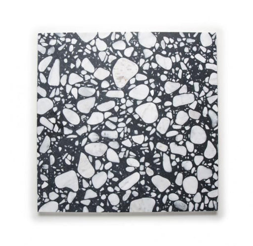 Single Shards Terrazzo Nero 59x59cm matt porcelain wall and floor tile, showcasing a bold terrazzo effect with large white stone fragments set against a deep black base, offering a striking, contemporary surface suitable for both walls and floors in modern interiors.