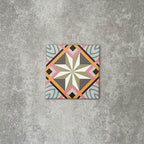 Single Cuba Star Mini Moroccan-style porcelain tile in a 15×15cm square format, featuring a geometric star motif in soft green, blue, pink and mustard tones, shown against a neutral background to highlight the tile’s crisp lines, fine detailing and decorative encaustic-style design.