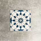 Souk Blue A 20×20cm Moroccan-style porcelain tile with a blue, white and grey geometric pattern.