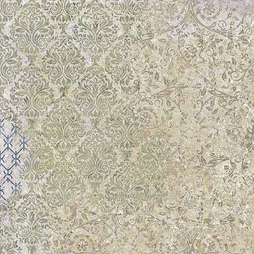 Boho Ocean Blend 60x60cm patterned porcelain tile shown as a single tile design, featuring an intricate, layered motif in soft sage green, muted blue and warm neutral tones. The decorative pattern combines delicate damask-inspired detailing with subtle distressed effects, creating depth and movement across the surface. Ideal for statement kitchen floors, bathrooms or feature areas where a characterful patterned finish is desired.
