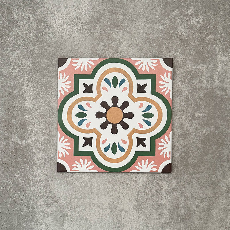 Single Cuba Paradise Moroccan-style porcelain tile in a 20×20cm square format, featuring a decorative floral motif in coral, green, white and brown tones, shown against a neutral background to highlight the tile’s intricate pattern and encaustic-style design.