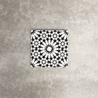 Fez Mini Winter Moroccan-style porcelain tile shown as a single tile, featuring an intricate black and white geometric star pattern inspired by traditional Moroccan design. The 15 × 15cm square format highlights the fine encaustic-effect detailing and strong contrast, making it ideal for creating striking feature walls, splashbacks, or patterned floors in both contemporary and classic interiors.