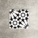 Fez Winter Moroccan-style porcelain tile shown as a single tile sample. The 20 × 20cm tile features a bold black and white geometric star pattern inspired by traditional Moroccan designs, with sharp contrast and crisp lines. The encaustic-effect finish highlights the intricate detailing, making it ideal for statement floors, splashbacks or feature walls in both modern and classic interiors.