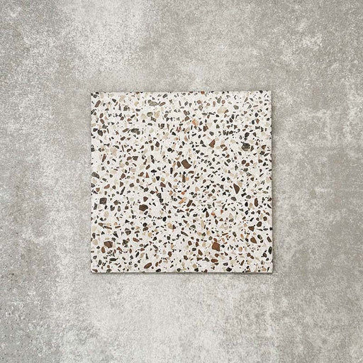 Single Turin Terrazzo Blanco Dots porcelain tile in a 20 × 20cm format, featuring a soft terrazzo-style design with scattered multicoloured stone fragments on a light base, shown on a neutral background to highlight the subtle texture and pattern suitable for wall and floor use.