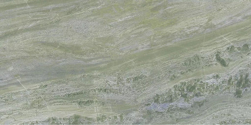 Single Petra Verde Green Stone marble style tile in 60x120cm format, featuring soft green tones with flowing veining and natural stone-inspired movement, shown individually to highlight surface detail and large-format proportions.