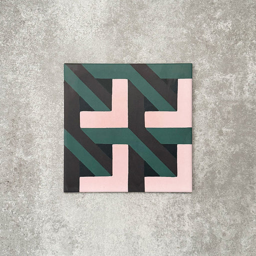Single Abstract Lagoon Patterned Tile in a 20x20cm format, featuring a bold geometric zigzag design in deep teal, soft pink and charcoal tones. A contemporary patterned tile ideal for feature walls, floors or statement splashbacks.