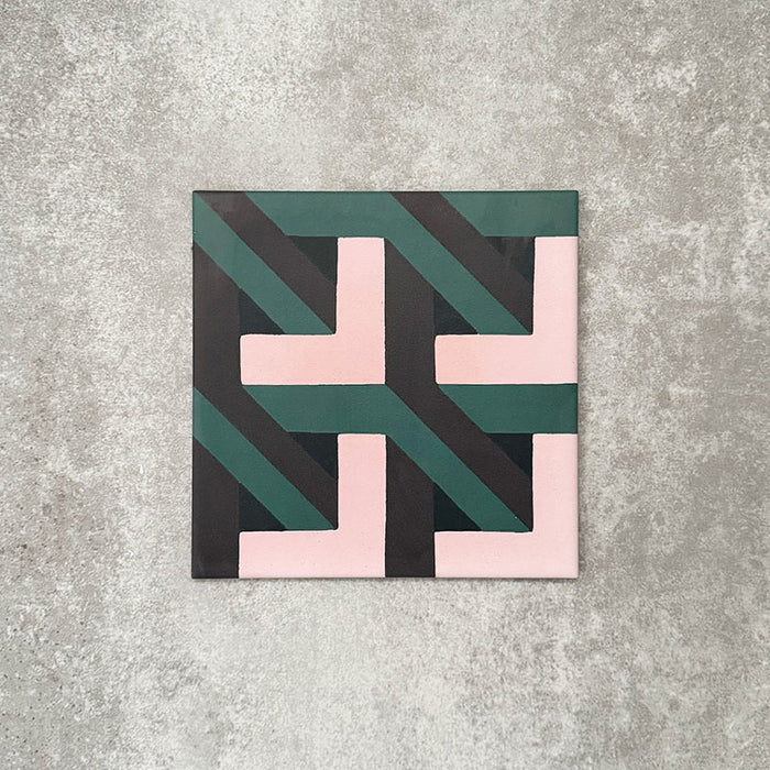 Single Abstract Lagoon Patterned Tile in a 20x20cm format, featuring a bold geometric zigzag design in deep teal, soft pink and charcoal tones. A contemporary patterned tile ideal for feature walls, floors or statement splashbacks.