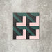 Single Abstract Lagoon Patterned Tile in a 20x20cm format, featuring a bold geometric zigzag design in deep teal, soft pink and charcoal tones. A contemporary patterned tile ideal for feature walls, floors or statement splashbacks.