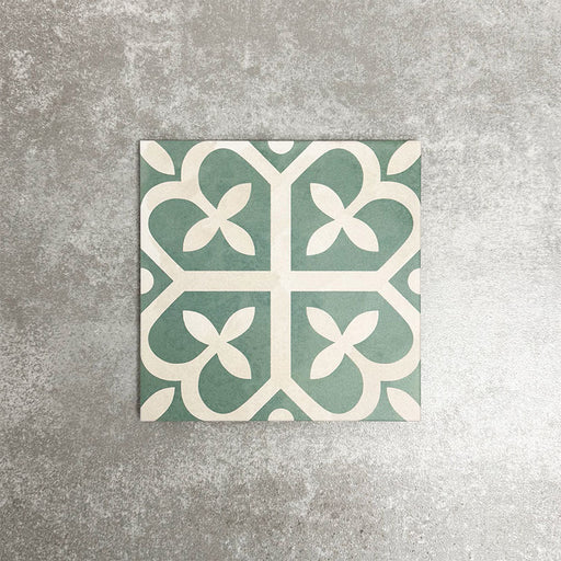 Ivy Green Victorian Moroccan style 20x20cm patterned tile, shown as a single tile highlighting the green and white geometric design.