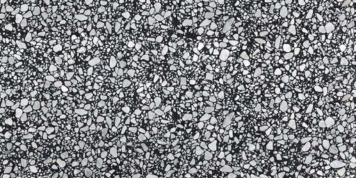Close-up of Shards Terrazzo Nero 59x118cm matt porcelain wall and floor tile, showcasing a bold black base with varied white aggregate pieces, creating a striking terrazzo effect with natural variation and texture.