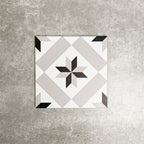 Single Canterbury Star Victorian-style porcelain tile in a 20 × 20cm format, featuring a central star motif in soft grey and black tones on a light background, shown on a neutral surface to highlight the classic geometric design suitable for wall and floor use.