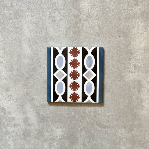 Single Imperial Victorian Blue Mini Border Tile, 15x15cm porcelain tile featuring a classic Victorian-inspired border pattern in blue, black, white, and terracotta tones, photographed on a neutral background.