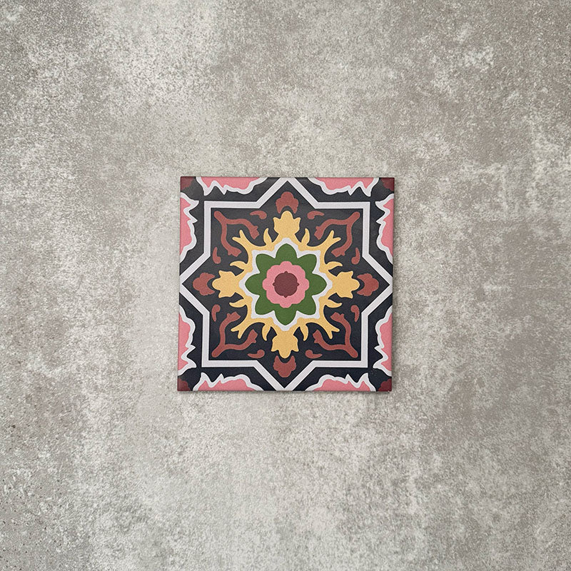 Single Cuba Havana Mini Moroccan-style porcelain tile in a 15×15cm square format, featuring an intricate geometric star motif in navy, pink, green and mustard tones, shown against a neutral background to highlight the tile’s decorative encaustic-style design and crisp detailing.
