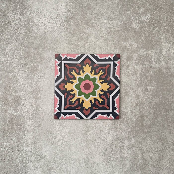 Single Cuba Havana Mini Moroccan-style porcelain tile in a 15×15cm square format, featuring an intricate geometric star motif in navy, pink, green and mustard tones, shown against a neutral background to highlight the tile’s decorative encaustic-style design and crisp detailing.