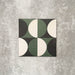 Single Abstract Circles Patterned Tile in a 20x20cm format, featuring a bold geometric design with alternating circular segments in deep green, charcoal and soft cream tones. A contemporary patterned tile ideal for feature walls, floors or statement splashbacks.
