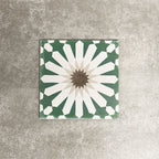 Souk Green B 20×20cm Moroccan-style porcelain tile with a green, white and beige geometric pattern.