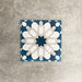 Souk Blue D 20×20cm Moroccan-style porcelain tile with a blue, white and grey geometric pattern.