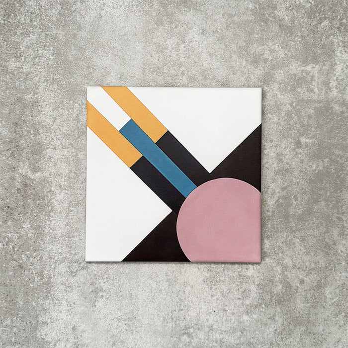 Single Abstract Contori Patterned Tile in a 20x20cm format, featuring a bold geometric design with intersecting lines in mustard yellow, teal and black, balanced by a soft blush pink circular detail on a crisp white background. A contemporary patterned tile ideal for feature walls, floors or statement splashbacks.