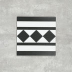 Single Dorset Black & White Victorian-style porcelain border tile in a 25 × 25cm format, featuring a classic striped and diamond geometric design, shown on a neutral background to highlight the contrasting black and white detailing used for decorative borders.