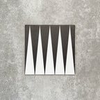 Single Almeria Backgammon Moroccan-style porcelain tile in a black and white geometric pattern, 20x20cm, suitable for wall and floor use.