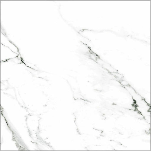Close-up of Florence Grand Calacatta White 50x50cm marble-effect porcelain tile, featuring a bright white base with soft grey veining and a smooth, natural marble-look finish.