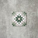 Clara Jade Mini Victorian Moroccan-style porcelain tile in a 15 × 15cm format, shown as a single tile highlighting its green geometric pattern and decorative encaustic-effect design.