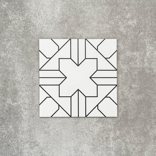Single Almeria Palace Moroccan-style porcelain tile featuring a refined black line geometric pattern on a white base, 20x20cm, suitable for wall and floor use.