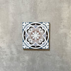 Single Imperial Victorian Blue Mini Tile, 15x15cm porcelain tile with a classic Victorian-inspired pattern in blue, grey, and white, photographed on a neutral background.