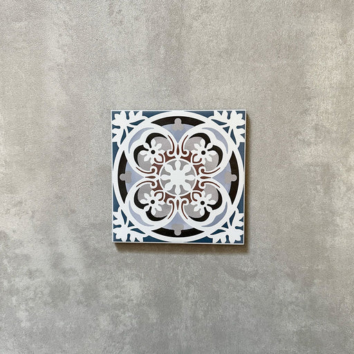 Single Imperial Victorian Blue Mini Tile, 15x15cm porcelain tile with a classic Victorian-inspired pattern in blue, grey, and white, photographed on a neutral background.