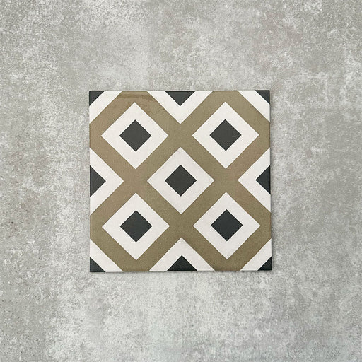 Viscount Park Road 20×20cm Victorian-style porcelain wall and floor tile featuring a geometric diamond pattern in olive green, soft white and dark grey, photographed as a single tile on a neutral grey background.