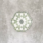 Single Medina Soft Green Moroccan-style hexagon porcelain tile, 18.7 × 21.6 cm, featuring a delicate geometric pattern in soft green and white tones on a neutral background.