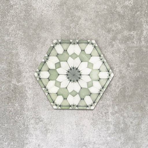 Single Medina Soft Green Moroccan-style hexagon porcelain tile, 18.7 × 21.6 cm, featuring a delicate geometric pattern in soft green and white tones on a neutral background.