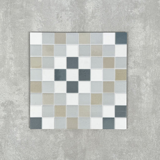 Abbey Board 28×28cm Victorian-style patterned porcelain mosaic tile in a soft neutral colour palette.