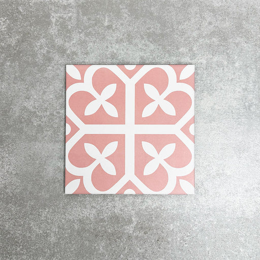 Ivy Rose Victorian Moroccan style 20x20cm patterned tile, shown as a single tile highlighting the soft pink and white geometric design.
