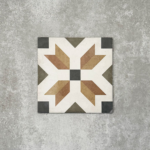 Viscount High Street 20×20cm Victorian-style porcelain wall and floor tile featuring a geometric star-inspired pattern in olive green, mustard, warm brown and charcoal tones, photographed as a single tile on a neutral grey background.