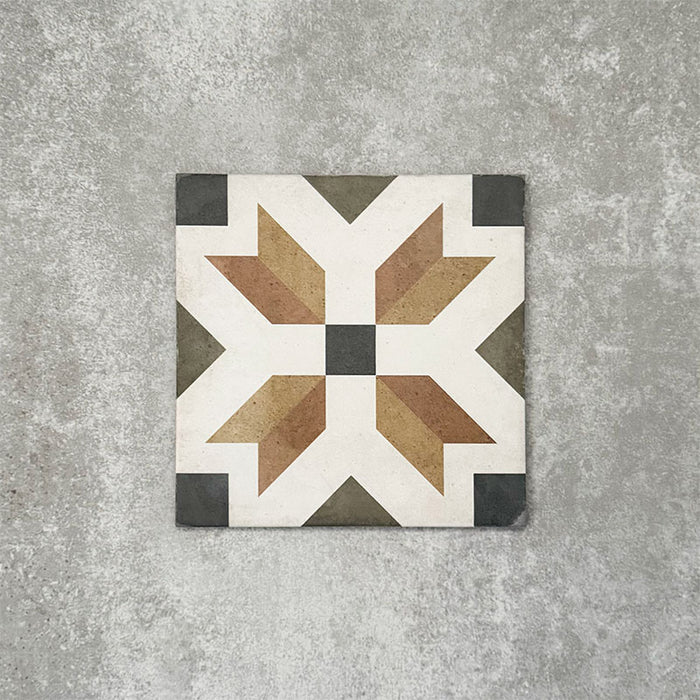 Viscount High Street 20×20cm Victorian-style porcelain wall and floor tile featuring a geometric star-inspired pattern in olive green, mustard, warm brown and charcoal tones, photographed as a single tile on a neutral grey background.