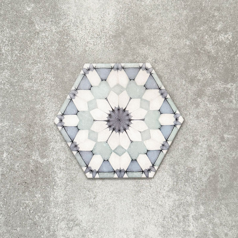Single Medina Frost Blue Moroccan-style hexagon porcelain tile, 18.7 × 21.6 cm, featuring a delicate geometric pattern in soft blue and white tones on a neutral background.