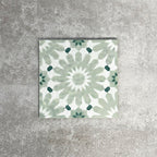 Single Fez Jade Green 20x20cm Moroccan-style porcelain tile displayed against a textured grey background, highlighting the soft green geometric star pattern and traditional encaustic-inspired design.