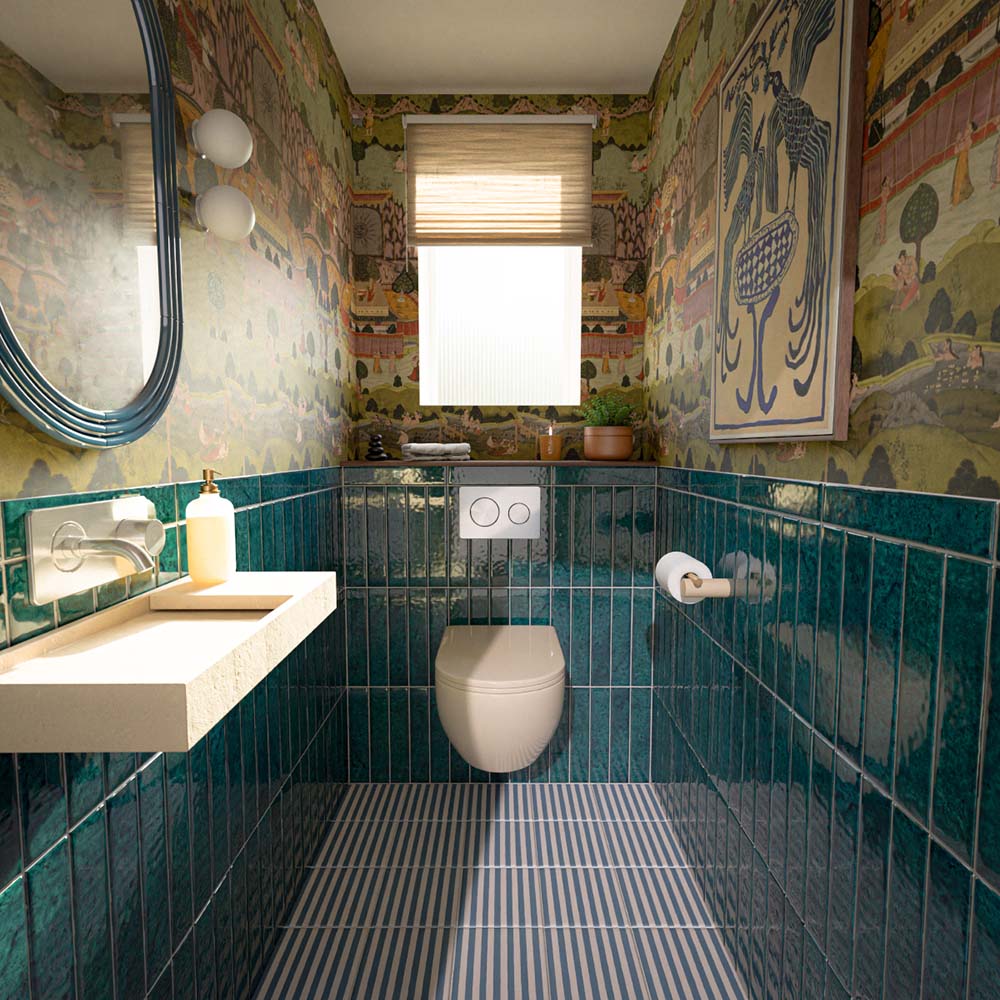 Eclectic bathroom featuring Skinny Pinstripes Blue Moroccan style wall and floor tiles in 20cm x 20cm. Fine blue and white stripes create a graphic patterned floor, paired with glossy teal wall tiles, decorative wallpaper and contemporary white bathroom fittings.