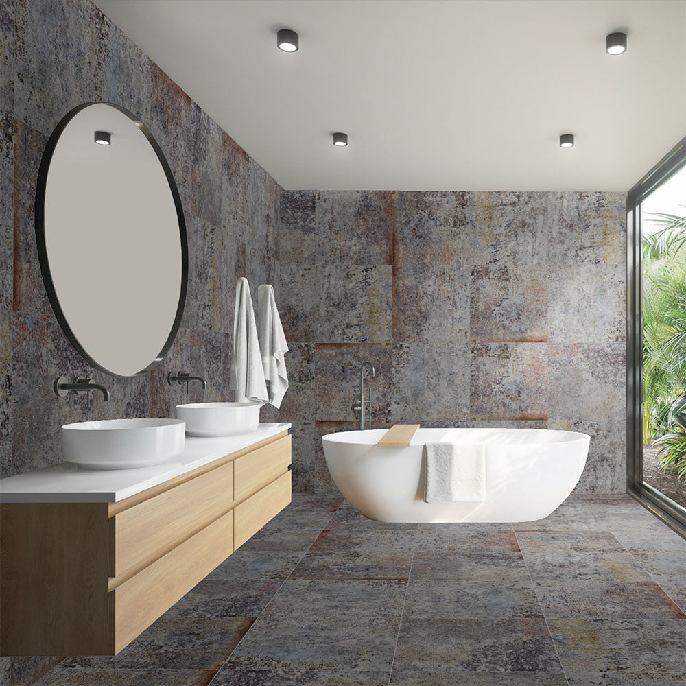 Bathroom interior featuring Boho Sonoro 60 × 60cm patterned tiles, blending rich earthy tones with a layered, weathered effect. Ideal for walls and floors, adding depth and character to contemporary bathroom spaces.