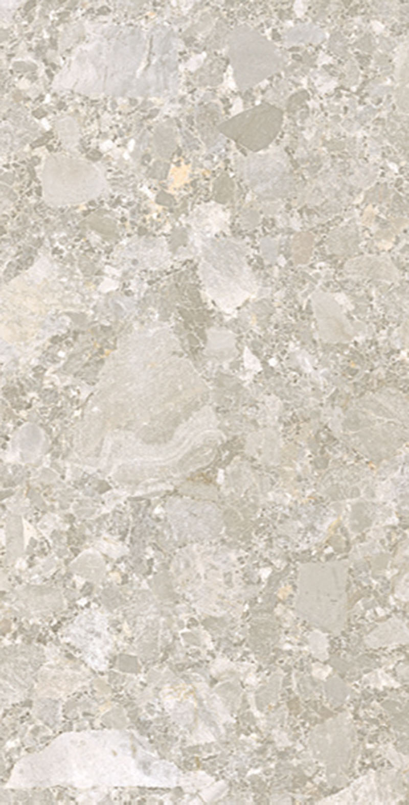 Close-up of Essentials Terrazzo Stone Avorio 60x120cm terrazzo effect porcelain tile, showcasing soft beige and ivory tones with varied stone fragments and a natural, blended surface design.