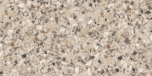 Close-up of the Stuzzi Dolmia 60x120cm terrazzo style porcelain tile, featuring a warm beige base with a blend of cream, taupe, brown, grey and charcoal stone fragments. The realistic 4D brushed finish enhances the texture and depth, creating an authentic terrazzo effect.
