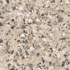Close-up of the Stuzzi Dolmia 60x60cm terrazzo style porcelain tile, featuring a soft beige base with a blend of cream, taupe, brown, grey and charcoal stone fragments. The realistic 4D brushed finish enhances the texture and depth, creating an authentic terrazzo effect.