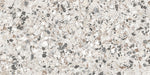 Close-up of the Stuzzi Lunar 60x120cm terrazzo style porcelain tile, featuring a soft light grey base with a blend of white, silver, charcoal and taupe stone fragments. The realistic 4D brushed finish enhances the texture and depth, creating an authentic terrazzo effect.