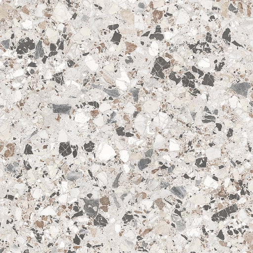 Close-up of the Stuzzi Lunar 60x60cm terrazzo style porcelain tile, featuring a soft light grey base with a blend of white, silver, charcoal and taupe stone fragments. The realistic 4D brushed finish enhances the texture and depth, creating an authentic terrazzo effect.
