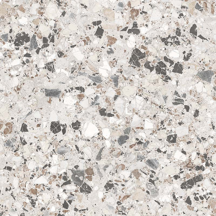 Close-up of the Stuzzi Lunar 60x60cm terrazzo style porcelain tile, featuring a soft light grey base with a blend of white, silver, charcoal and taupe stone fragments. The realistic 4D brushed finish enhances the texture and depth, creating an authentic terrazzo effect.