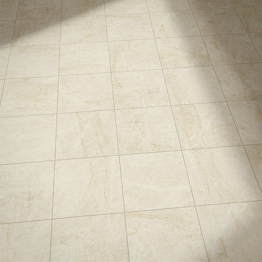 Floor setting featuring Divine Taj Mahal Matt Marble effect 30 × 30cm porcelain tiles, laid in a grid layout, showcasing soft beige tones, subtle veining, and a natural stone-inspired matt finish.