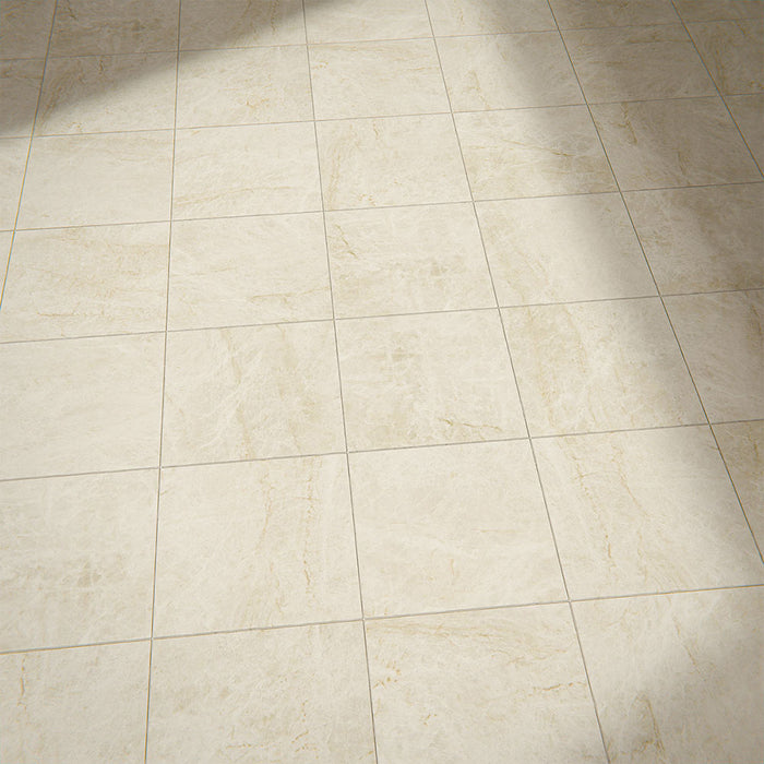 Floor setting featuring Divine Taj Mahal Matt Marble effect 30 × 30cm porcelain tiles, laid in a grid layout, showcasing soft beige tones, subtle veining, and a natural stone-inspired matt finish.