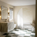 Bathroom interior featuring Divine Taj Mahal Matt Marble effect 30 × 30cm porcelain floor tiles in a chequerboard layout, styled with a marble vanity, freestanding bath, and soft neutral tones with natural light.